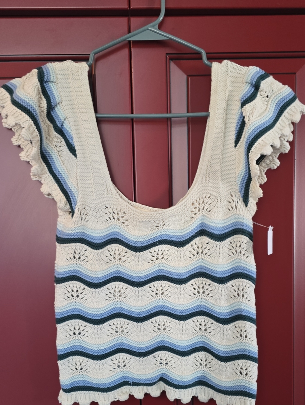 Jessica Simpson Cream Crochet Top with Blue and Navy Stripes